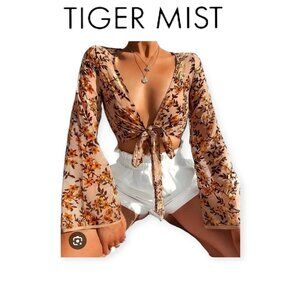 Tiger Mist Burnout Velvet Floral Tie Front Crop Top Bell Sleeve Boho XS Blush